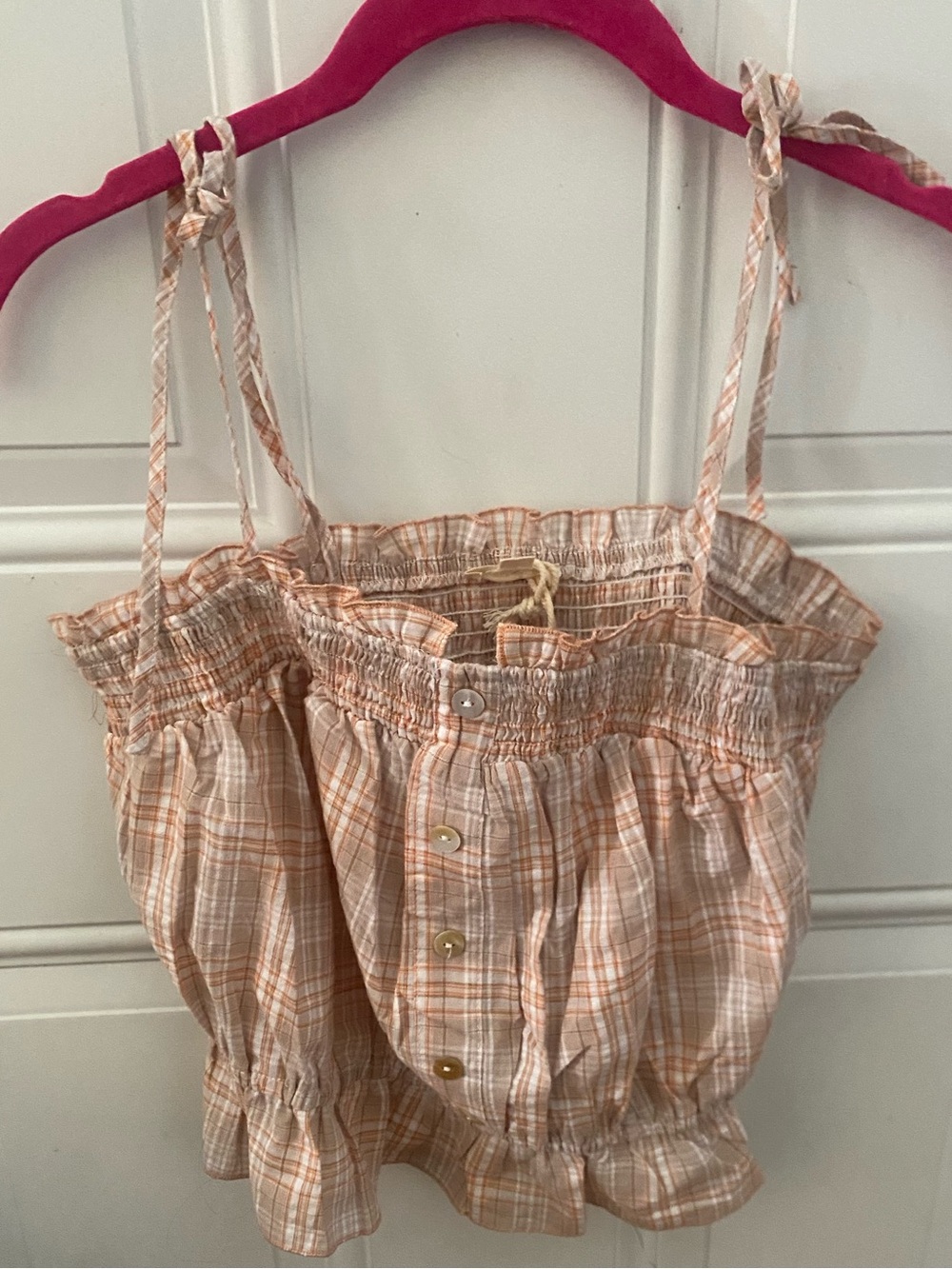 Hem & Thread Peach Plaid Smocked Button Crop Top Medium NWT